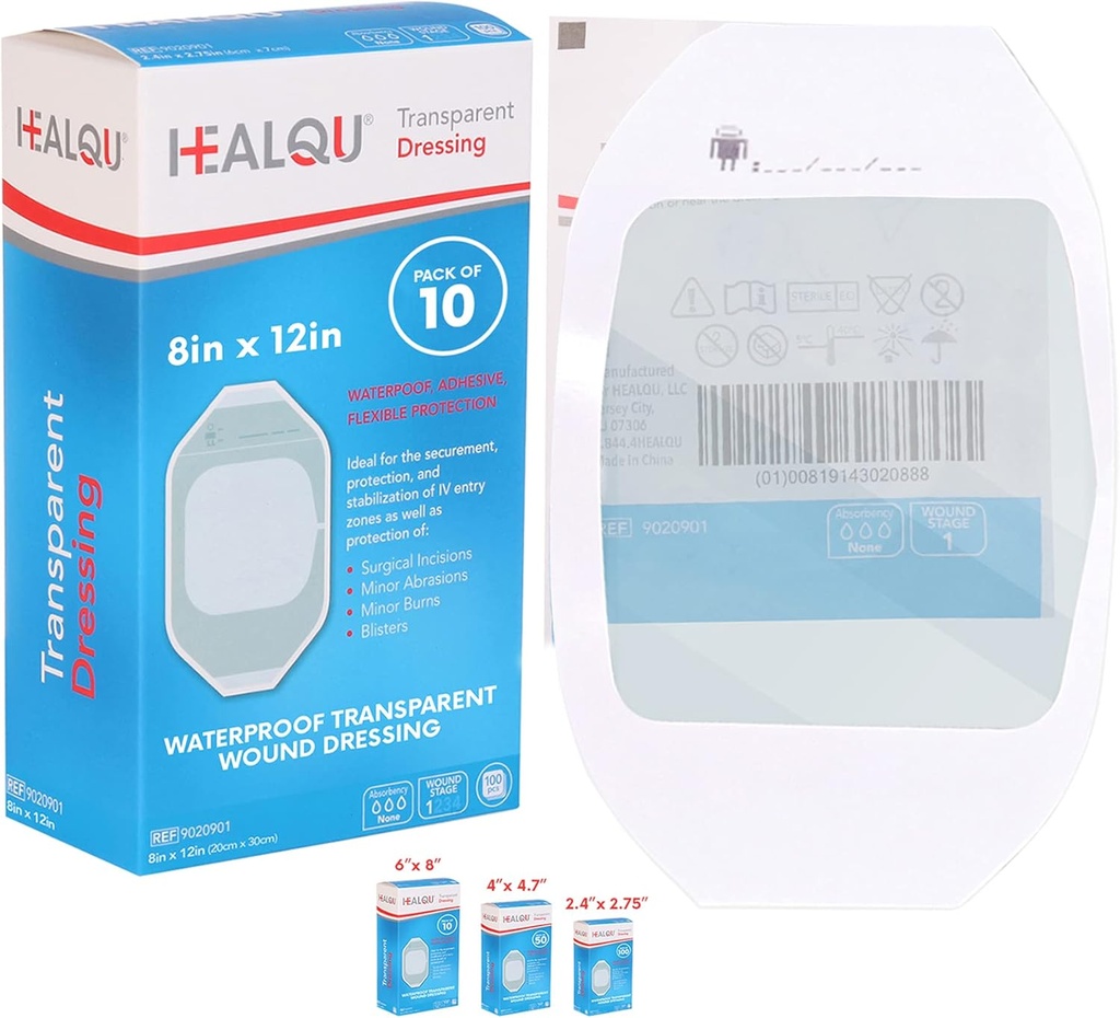 Dressing de film transparent 8" x 12" (10 Pack) – Bandes adhésives étanches pour douche post-chirurgicale, bouclier IV, soins post-tattoo, pinces respirantes claires par HEALQU