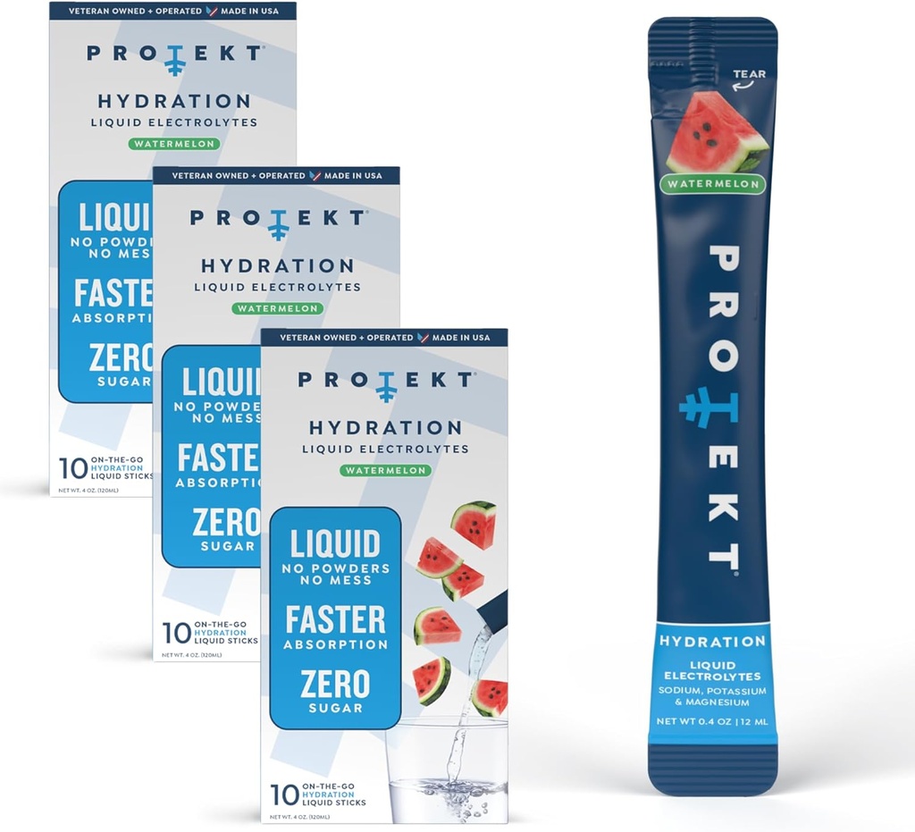 PROTEKT Elektrolyt-Packets für Erholung & Hydration | Organic & Sugar-Free Elektrolyt-Getränke | Funktioniert schneller als Pulver-Getränk | On-The-Go Liquid Hydration Drink | Watermelon, 30 Pack