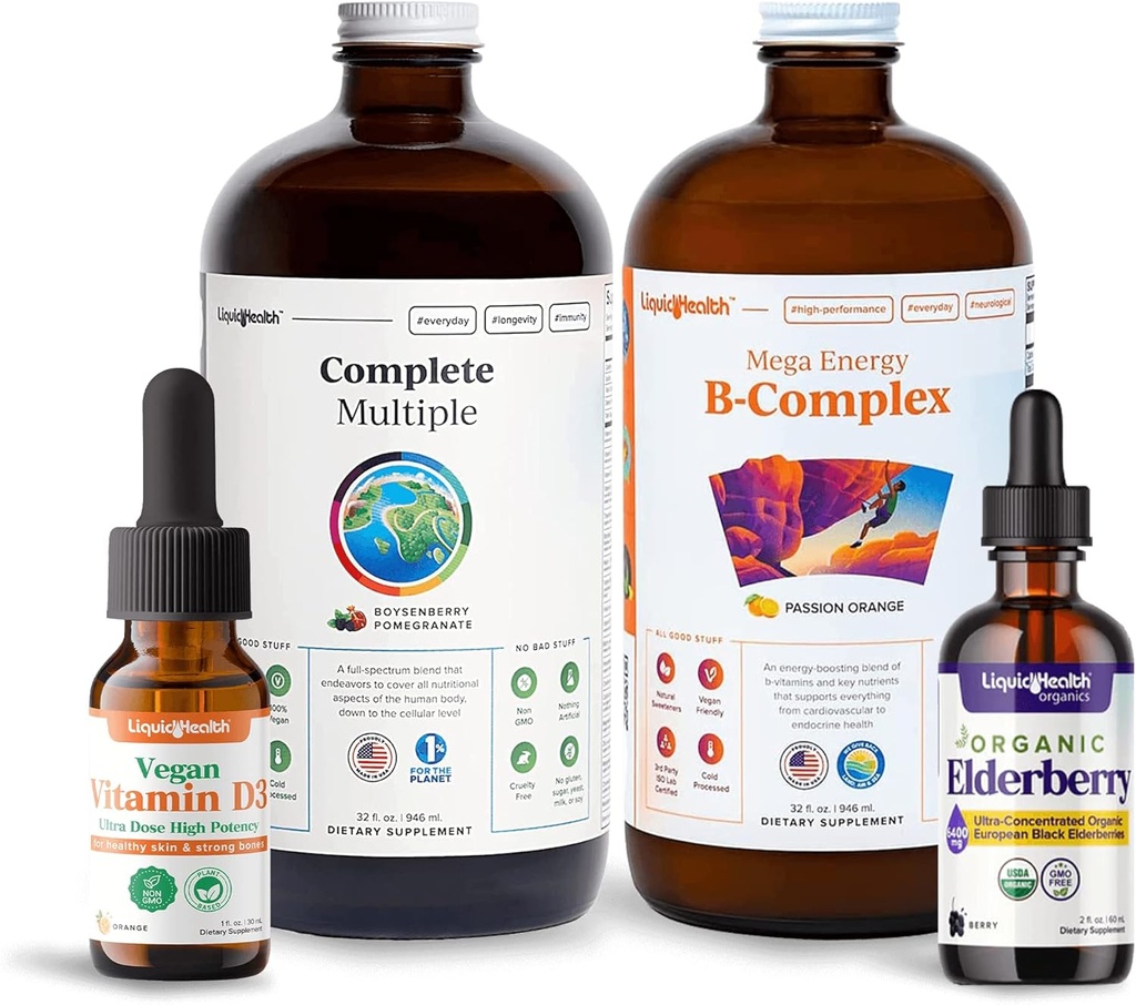 LIQUIDHEALTH Ultimate Immunity & Energy Liquid Vitamin Bundle for Adults with Complete Multivitamin, Energy Support B-Complex Supplement, Vegan Vitamin D3 Drops, Organic Elderberry Drops - Non-GMO