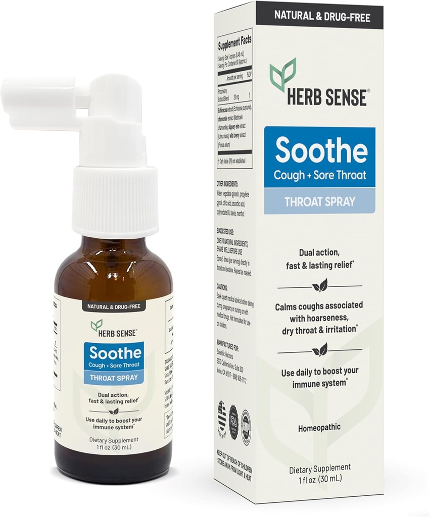 Herb Sense Throat Comfort Spray | Kühlen & Beruhigen mit Slippery Elm, Echinacea & Kamille | Natürliche Extrakte (1 oz)