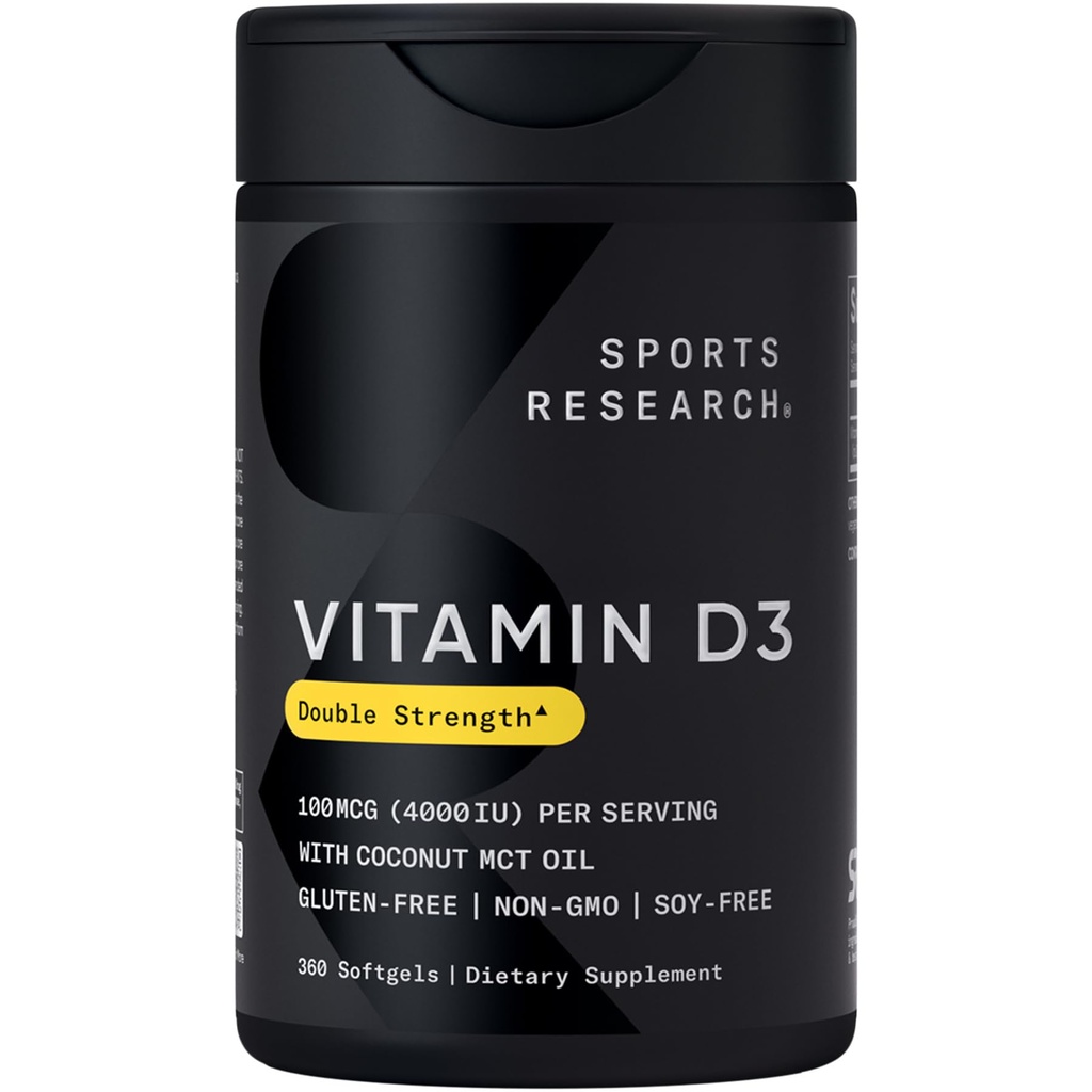 Sport Research® Vitamin D3 4000 IU mit Kokosnuss-MCT-Öl - doppelte Stärke Vitamin D-Ergänzung - Glutenfrei · Non-GMO · Soy Free - 360 Count Softgels