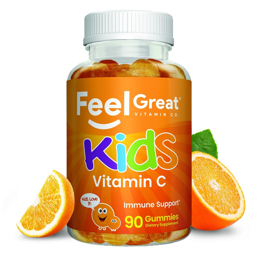 Kids Vitamin C Gummies Chewable for Immune Defense | Plant-Based, Gluten Free | Vegan | 250 mg per Serving | 90 Gummies | Vitamins for Kids by Feel Great Vitamin Co.