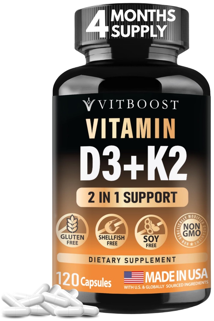 VITBOOST Vitamin D3 K2 Complex - leicht zu schlucken - Vitamin D (D3) 5000 IU (125 mcg) & K2(MK-7) 90 mcg | Non-GMO | Gluten-Free | USA Made | 120 Kapseln