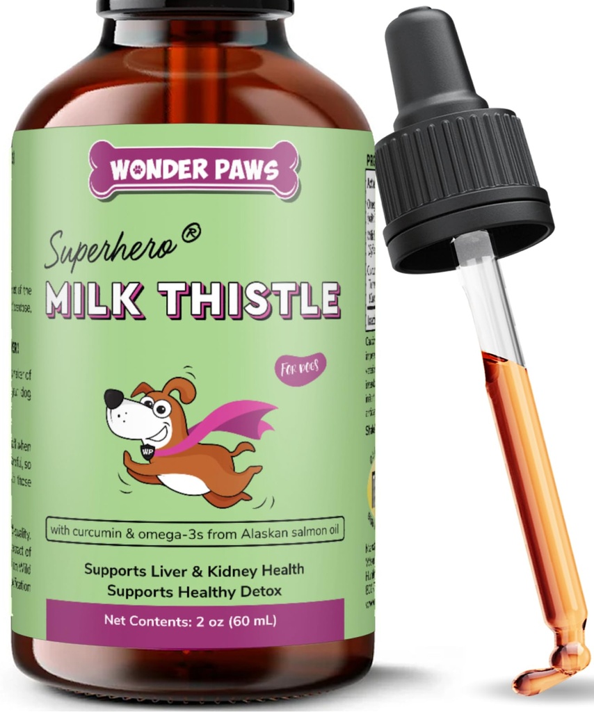 Wonder Paws Milk Thistle, Liver Support für Hunde, unterstützt Nierenfunktion für Haustiere, Detox, Hepatic Support, mit Wild Alaskan Salmon Oil & Curcumin, Omega 3 EPA & DHA (2 Oz)