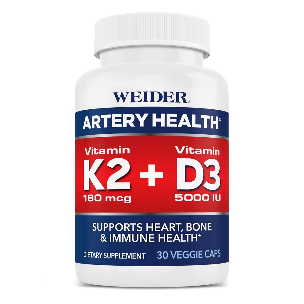 Weider Artery Health für Herz-, Immun- und Knochenunterstützung mit Vitamin K2 (180mcg) & Vitamin D3 (5000iu), 30 Veggie Kapseln