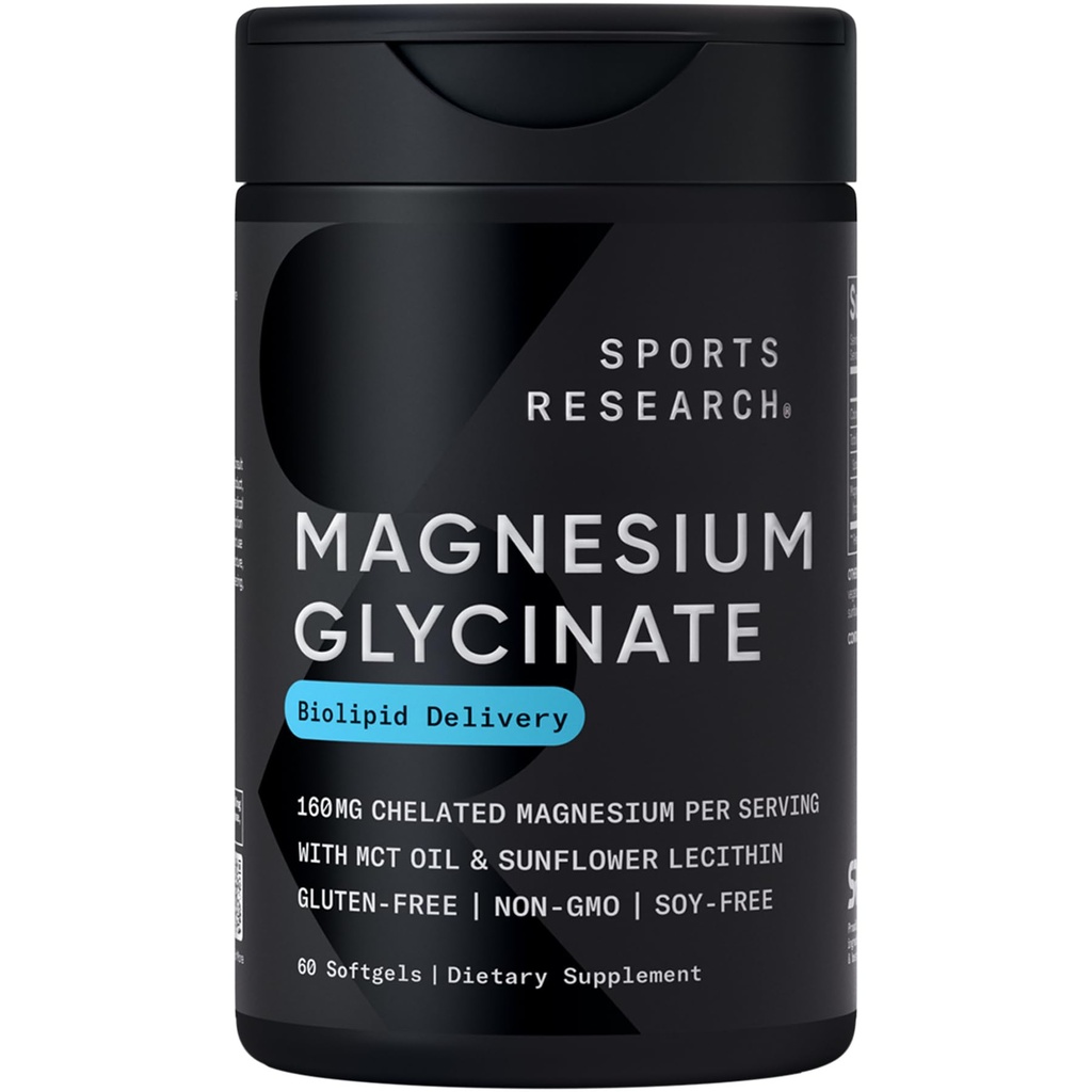 Sport Research® Magnesium Glycinate - unterstützt restful Sleep & Enzymatic Prozesse - 160 mg Chelat Magnesium - Liquid Softgel - 60 Count
