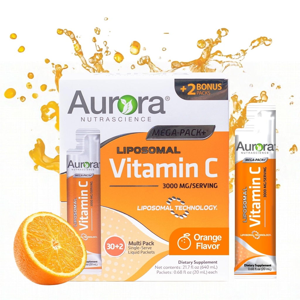 Aurora Nutrascience Liposomique Vitamine liquide C - Supplément de soutien immunitaire sain pour les adultes, sans sucre, 3000 mg par portion, végétalien, sans gluten, non-OGM - 32 sachets à usage unique, orange