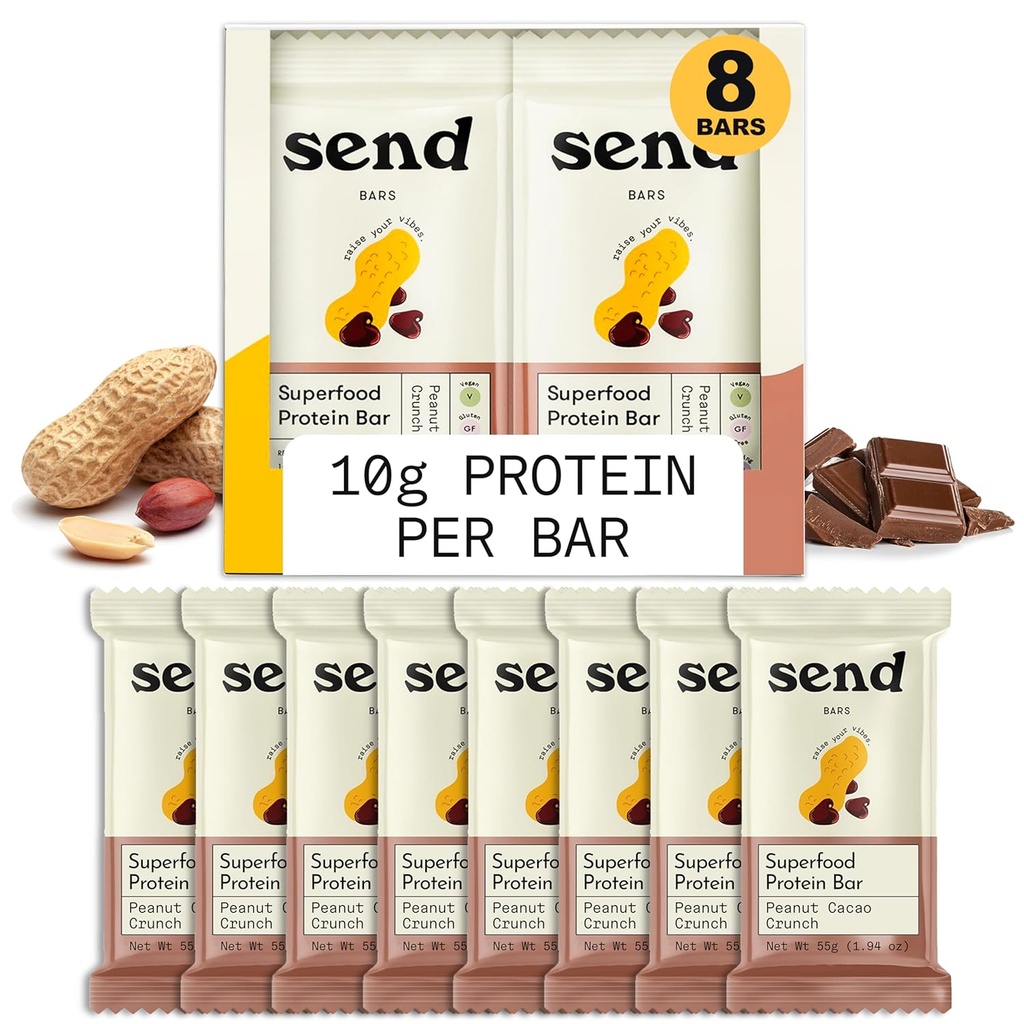Senden Bars Pflanzenbasierte Vegan gesunde Protein Bars, mit Grüns (Peanut Cacao Crunch, 8 Bars) – Nur echte Zutaten, Zero Added Sugar, Glutenfrei, Dairy-Free
