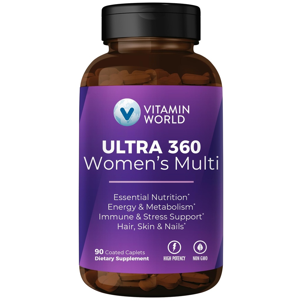 Vitamin World Ultra 360 Multivitamin for Women, Women's Multivitamin with Herbs & Collagen for Hair, Skin & Nails, Supplement with Iron, Vitamin A, B, C, D, E for Energy & Immune Support, 90 Caplets
