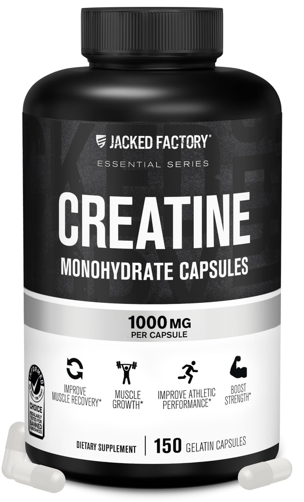 Capsules monohydratées en créatine de l'usine Jacked - pilules en créatine pour la croissance musculaire, la force accrue, la production énergétique accrue et l'amélioration de la performance athlétique - 150 capsules