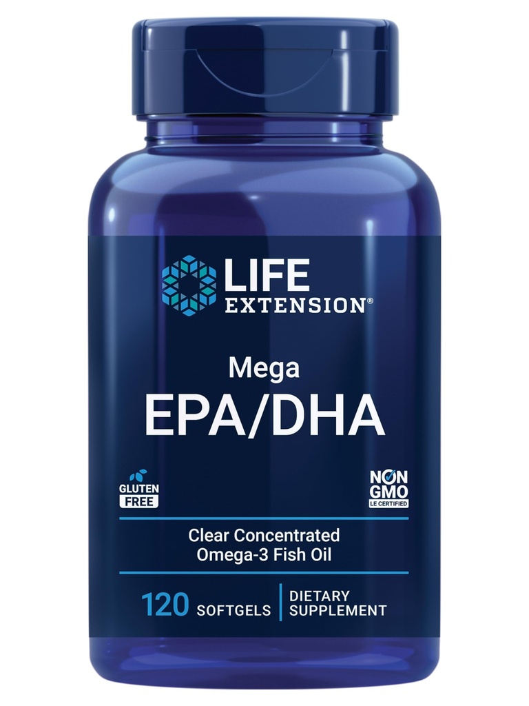 Life Extension Mega EPA/DHA, Omega-3 Fettsäuren, Herz- und Hirngesundheit, Non-GMO, Glutenfrei, 120 Softgele