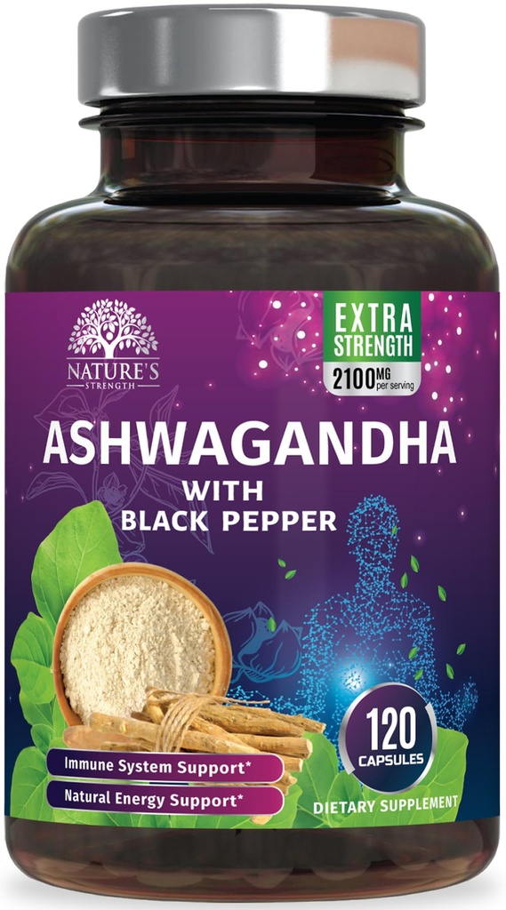 Ashwagandha Suppléments 2100mg - Extra Strength Ashwagandha poudre et extrait de racine avec poivre noir pour l'absorption maximale, suppléments antioxydants à base de plantes pour les femmes et les hommes, végétalien, non-OGM - 120 capsules