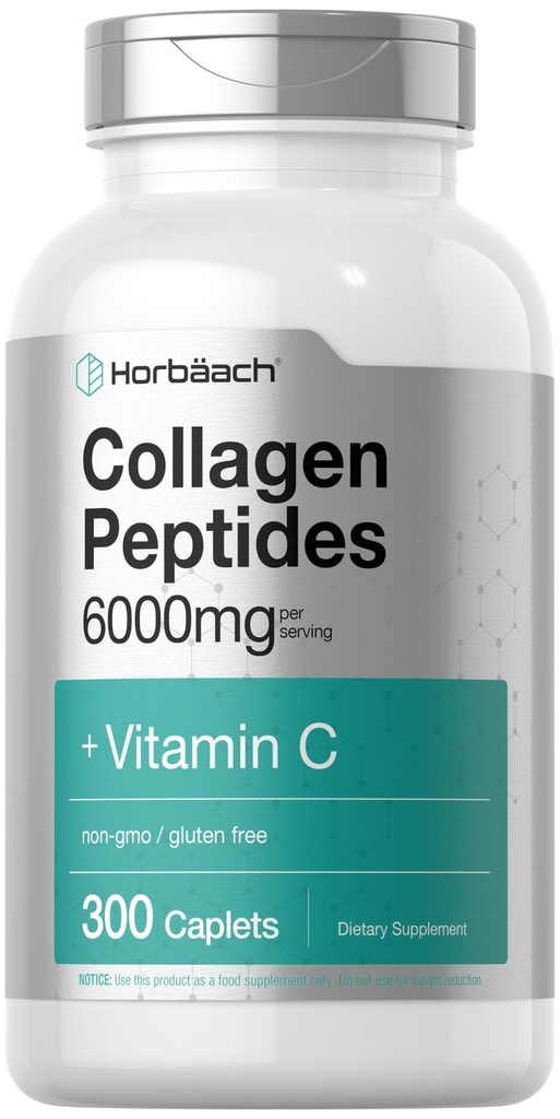 Horbäach Collagen Peptide 6000mg | 300 Caplet Pillen | mit Vitamin C | Hydrolysed Collagen Supplement | Non-GMO, Glutenfrei