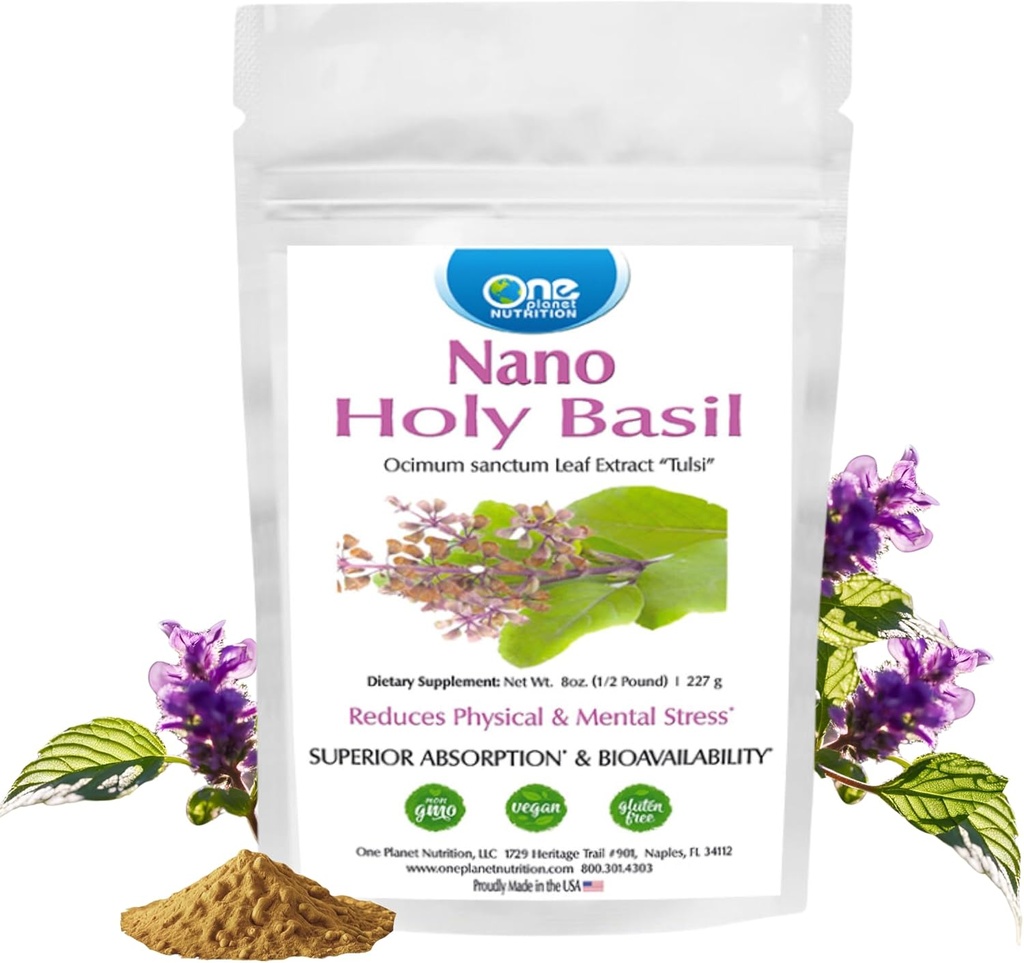 One Planet Nutrition Nano Holy Basil Powder 8 oz (227 Servierungen), Tulsi, Nano für verbesserte Absorption, unterstützt Stress-Relief und Immununterstützung, Non-GMO, Vegan, Glutenfrei