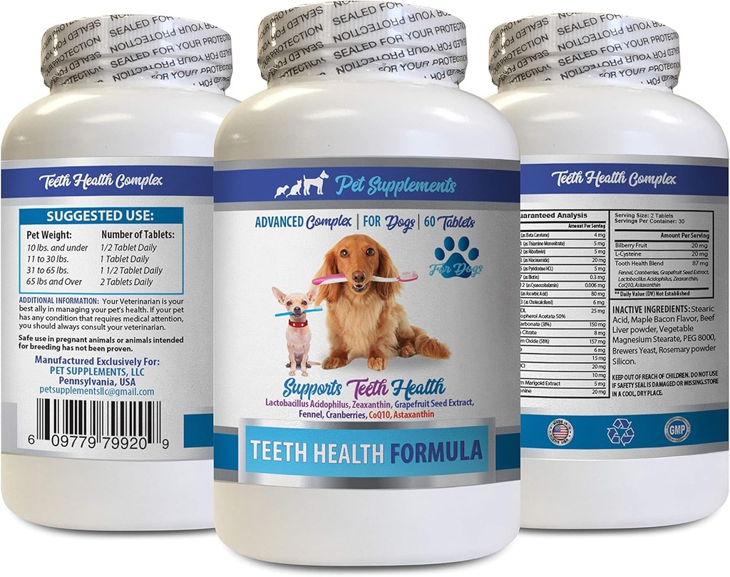 Oral Care for Dogs Bad Breath - Dog Teeth Health Formula - Advanced Support Complex - Gesamtgesundheit - Dog Vitamin e - 1 Flasche (60 Tabletten)