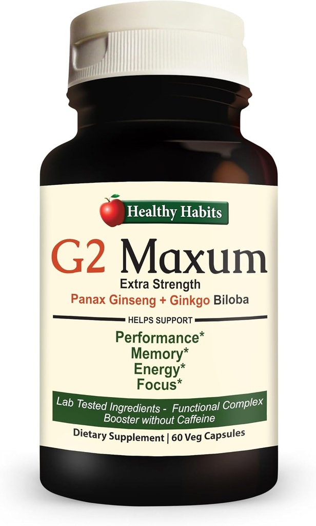 Gesunde Habits G2 Maxum Extra Strength Panax Ginseng Plus Ginkgo Biloba Blended to support Energy and Cognitive Function 60 Veg Capsules per Bottle