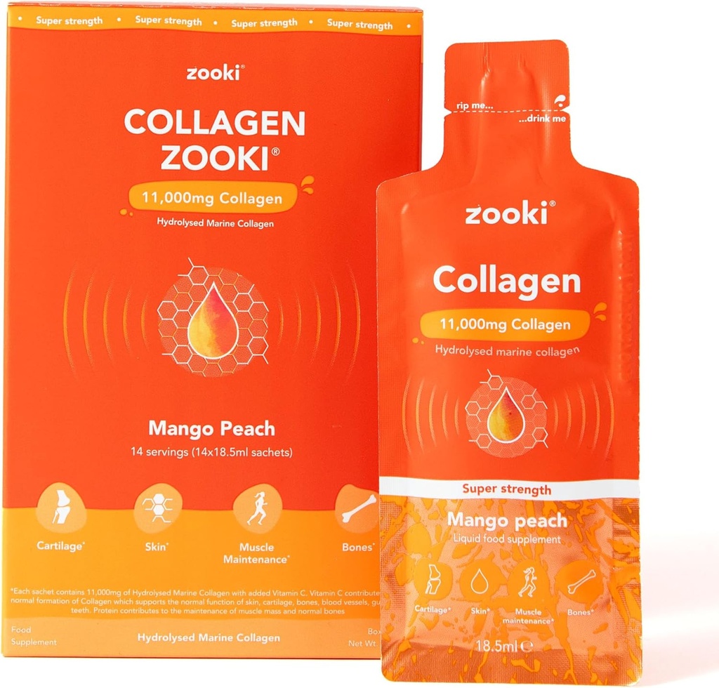 Zooki Super Strength Marine Collagen Liquid Sachets 11.000mg – Great Taste, Sugar Free – Höchste Stärke Marine Collagen Ergänzungen für Frauen & Männer – Haut, Gelenke & Haare (Mango Peach, 14 Servietten)