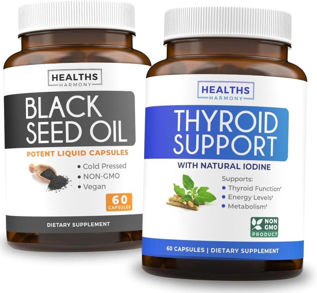 Schilddrüsen-Unterstützung & Schwarzes Seedöl (1-Monat-Versorgung) Schwarzer Seed Schilddrüsen-Boost - Schilddrüsen-Unterstützung (60 Kapseln) Health Supplement & Schwarzes Seedöl (60 Kapseln) Kaltgepresste Nigella Sativa - Non-GMO