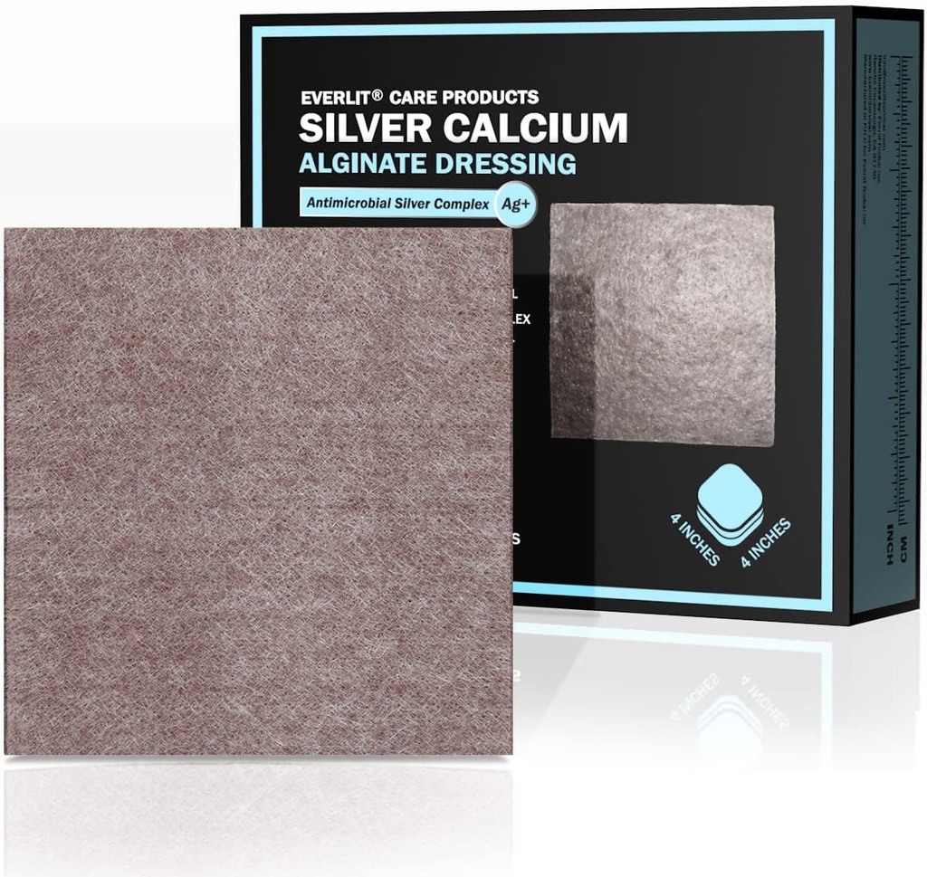 EVERLIT AG Argent Calcium Alginate Wound Dressing (Dressing) Absorbent Non-Stick Sterile Dressing Pad (Dressing Pad) Gentil Gauze hémostatique avec fibre naturelle Gelling pour soins de la plaie (4" x 4") Pack de 10)