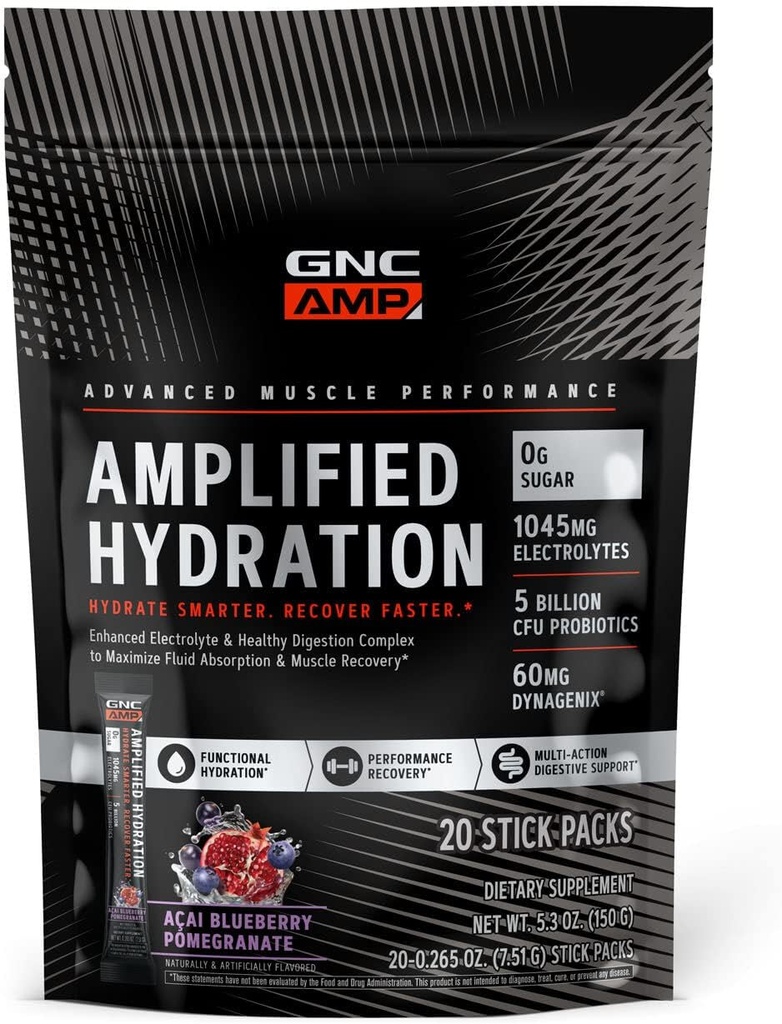 GNC AMP verstärkte Hydration Elektrolyt-Pulver-Getränk-Mischung | Enhanced Electrolyte & Healthy Digestion Complex | Acai Blueberry Pomegranate | 20 Count