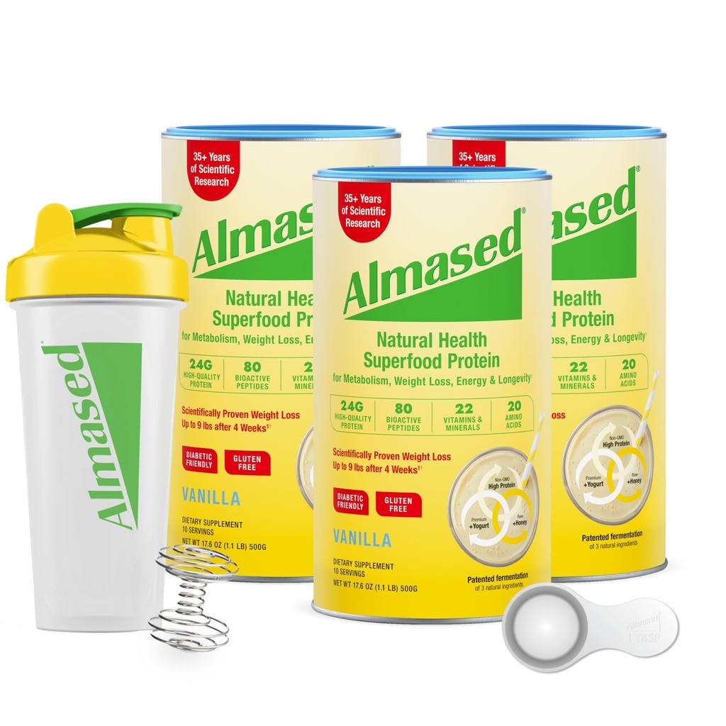 Almased Protein Powder, GLP-1 Nutrition Support Supplement, Meal Replacement Shake für Weight Loss, High Protein, komplette Ernährung (Vanilla Flavor, 3 Cans @ 17.6 oz ea + Scoop + 700ml Shaker Bottle