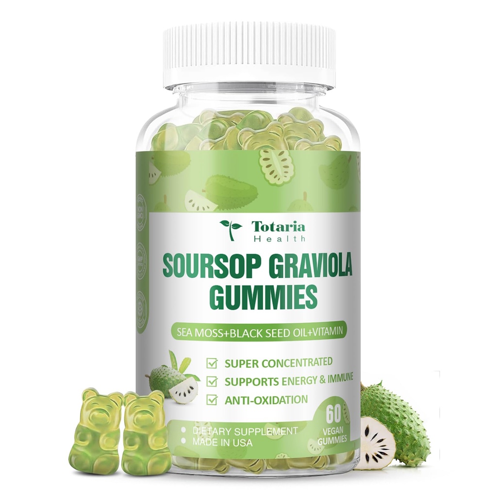 Totaria sans sucre Huile de sourcil Graviola de mousse de mer Gummies - Soutien Digestive Sommeil Peau Santé, Immunité et Antioxydant - Guanabana Fruit avec la mousse de mer, 150mg huile de graines noires biologique non-OGM végétalien