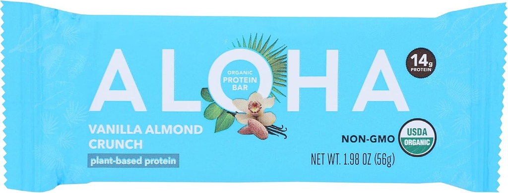 Aloha Organic Vanilla Almond Crunch Protein Bars, 14g pflanzliches Protein, USDA Certified Organic, Gluten Free & Non-GMO, 1.9 Oz (Pack von 12)