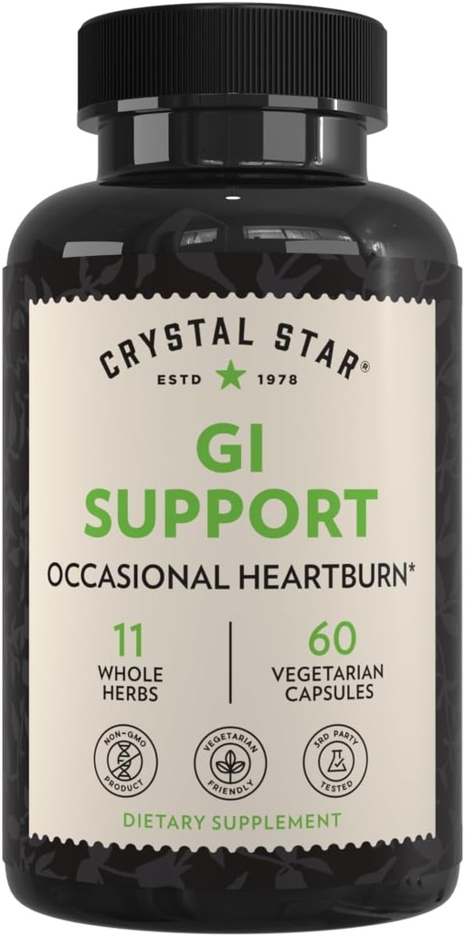 Crystal Star GI Support Supplement (60 Kapseln) – Herbal Gut Health Supplement Das beruhigt Okzivilen und unterstützt Säure Reflux – Ginger, Slippery Elm Bark & Betaine HCL – Non-GMO