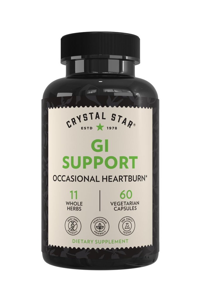 Supplément de soutien GIG Crystal Star (60 gélules) – Supplément santé Herbal Gut Cela apaise les brûlures d'estomac occasionnelles et soutient le reflux acide – Ginger, Slippery Elm Bark & Betaine HCL – Non-OGM