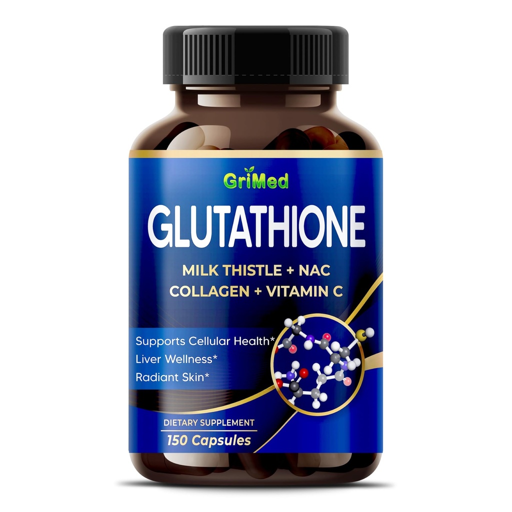 GriMed Glutathione 11,200mg - X10 Power mit Milchdistel, NAC, Collagen, Vitamin C - Cellular Wellness, Radiant Skin - USA Made & Tested (150 Count (Pack von 1))