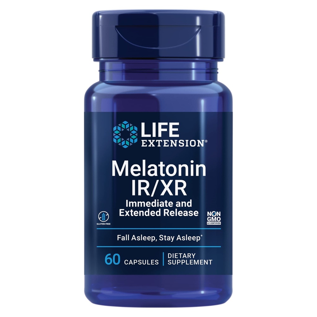 Durée de vie Melatonine IR/XR, 1,5 mg, formule de libération immédiate et prolongée pour un sommeil optimal, rythmes circadiens sains, défense cellulaire, sans gluten, sans OGM, 60 capsules