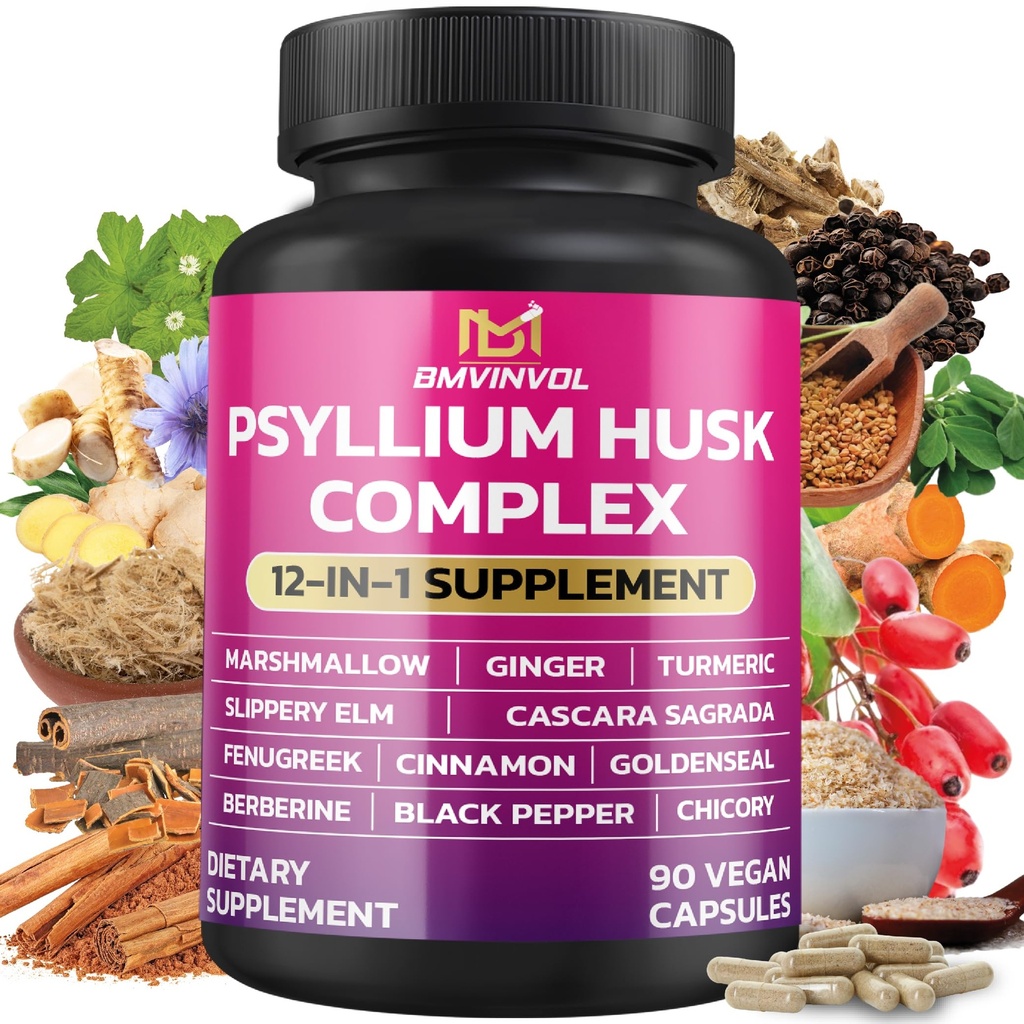 BMVINVOL Psyllium Husk, Slippery Elm, Cascara Sagrada, Fenugreek, Berberine, Cinnamon, Turmeric + 5 Mores - Immununterstützung und Verdauungshilfe - 90 Kapseln