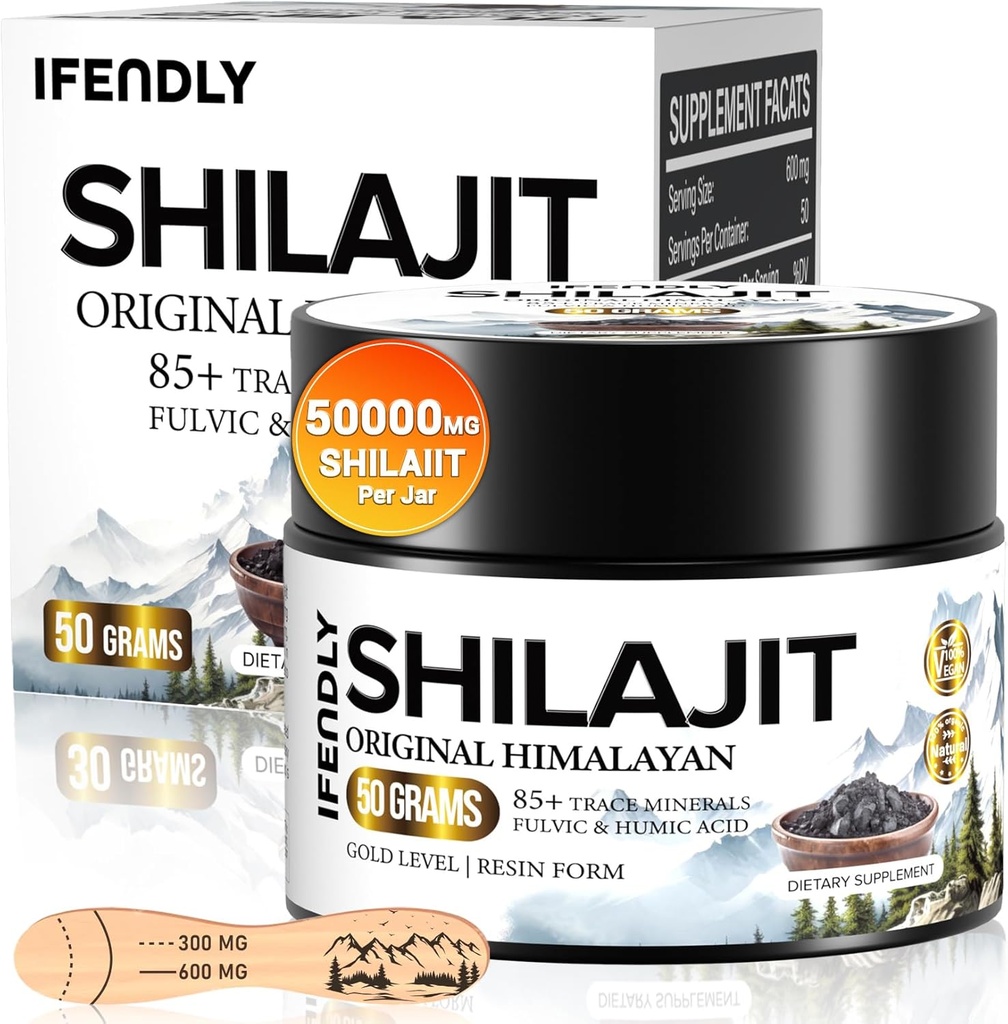 Shilajit Resin, Shilajit pour les hommes et les femmes, Shilajit Organic - 600mg Potency Gold Grade, avec 85+ Trace Minerals, Fulvic & Humic Acid, pour l'endurance, l'immunité et la force, 83 services (50g)