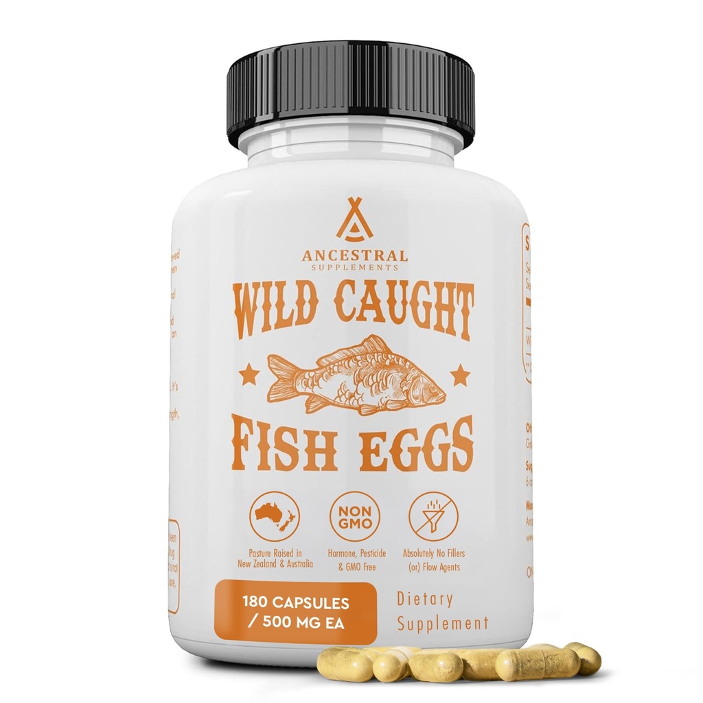 Ancestral Supplements Wild Caught Fish Eggs, 2400mg, Omega-3 Supplement unterstützt Gehirn, Herz, Fruchtbarkeit und Entzündungsgesundheit, Ganze Nahrungsquelle von Vitamin D, K2, und A, Non-GMO, 180 Kapseln