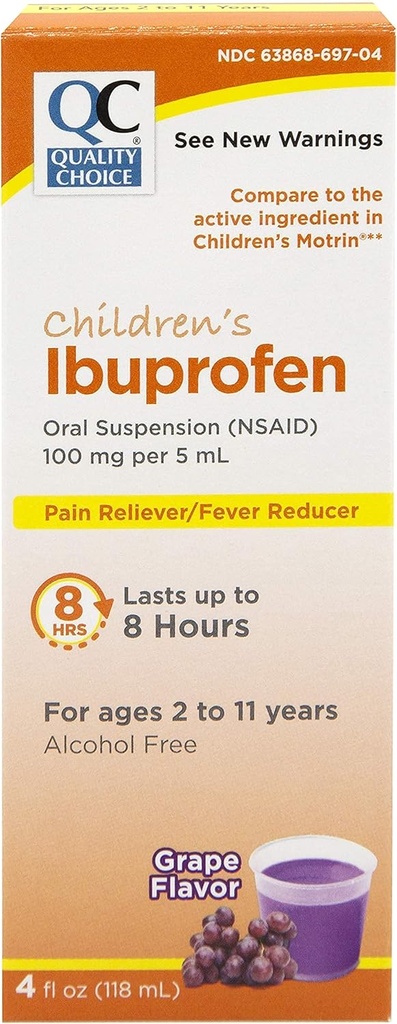 Choix de qualité Ibuprofène pour enfants 100mg Suspension orale, réducteur de douleur/fièvre, arômes de raisin 4 FL OZ