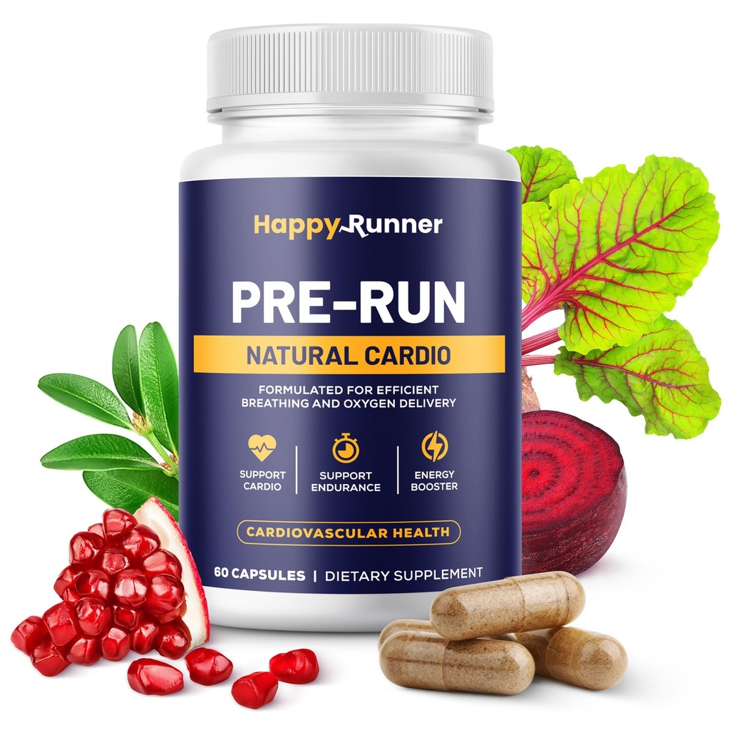Happy Runner: Pre-Run - Améliore la respiration, Amélioration de la livraison d'oxygène, Efficacité respiratoire, Améliore l'endurance, Booster d'oxyde nitrique, Amélioration du débit sanguin, Suppléments de course, Santé cardiovasculaire