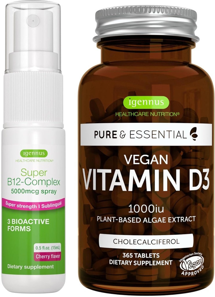Vegan Vitamin D3 + Super B12-Komplex 5000mcg Vegan Bundle, 365 1000iu Vitamin D3 Tabletten + hohe Festigkeit B12 Kirsch Aroma Sublingual Spray, von Igennus