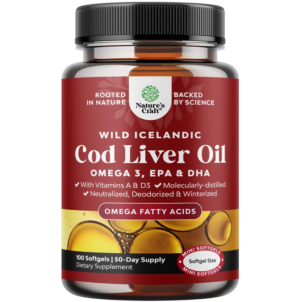 Iceland Wild Caught Cod Liver Oil Softgels - Fisch Omega 3, EPA, DHA, Vitamin D & A, 1000 mg pro Portion - Burpless Kapseln für Herz, Gelenk, Gehirn & Immune Support - 100 Count
