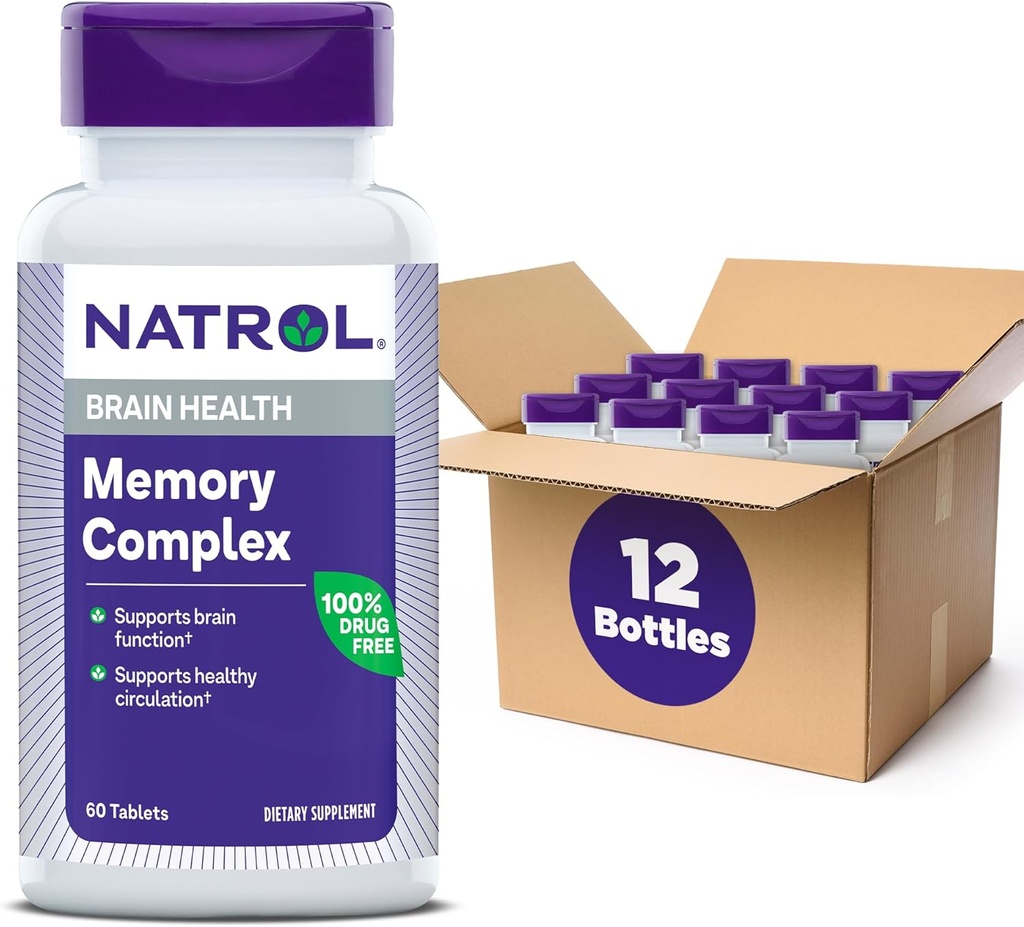 Complexe de mémoire de Natrol avec Ginkgo Biloba 120mg et vitamine B, supplément alimentaire pour la santé cérébrale et le soutien de la mémoire, 60 comprimés, 30 jours d'approvisionnement (paquet de 12)