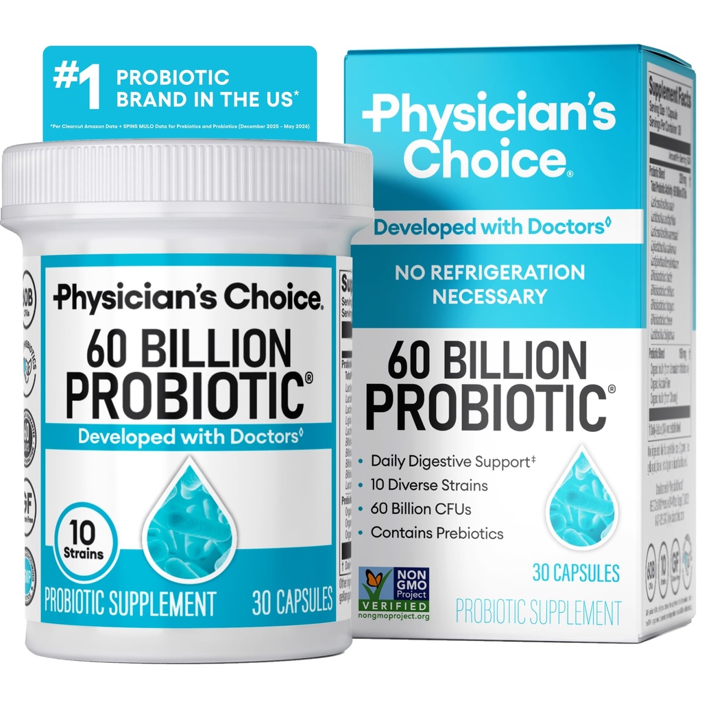 Choix du médecin Probiotiques 60 milliards CFU - 10 souches + Prébiotiques organiques - Santé immunitaire, digestive et gorgée - Soutien à la constipation occasionnelle, à la diarrhée, au gaz et au ballonnement - pour les femmes et les hommes - 30ct
