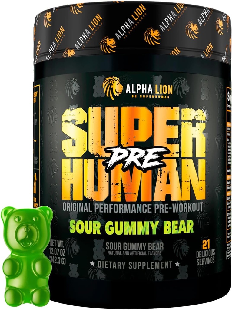 ALPHA LION Superhuman Pre Workout Powder, Beta Alanine, L-Taurine & Tri-Source Koffein für nachhaltige Energie & Fokus, Nitric Oxide & Citrulline für Pumpe (21 Servierungen, saure Gummy Bear Flavor)