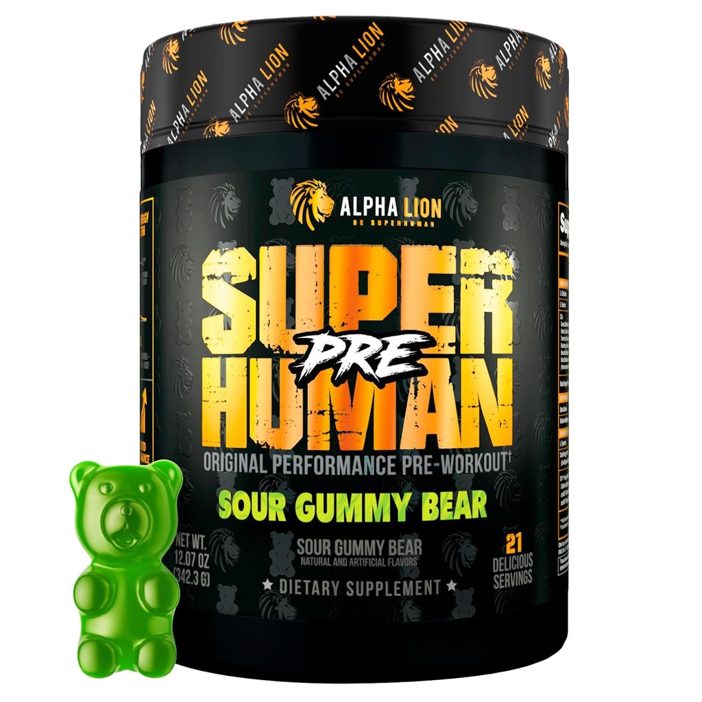 ALPHA LION Superhuman Pre Workout Pulver, Beta Alanin, L-Taurin & Tri-Source Koffein für nachhaltige Energie & Fokus, Stickoxid & Citrullin für Pumpe (21 Portionen, Sour Gummy Bear Flavor)
