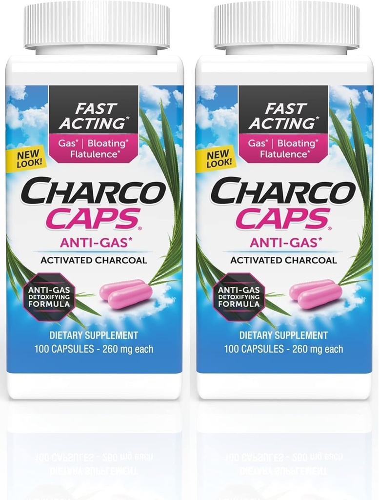 Charcocaps Relief d'essence à action rapide pour Bloating & Flatulence, formule de charbon activé de désintoxication sans drogue, 100 capsules, 30 jours d'approvisionnement, Pink- Pack de 2