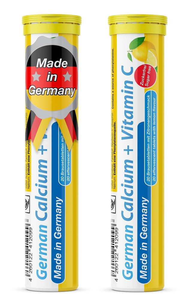 Deutsch Kalzium + VIT. C - 40 Vegan Drink Effervescent Tablets - Lemon Lime Flavor - Made in Germany