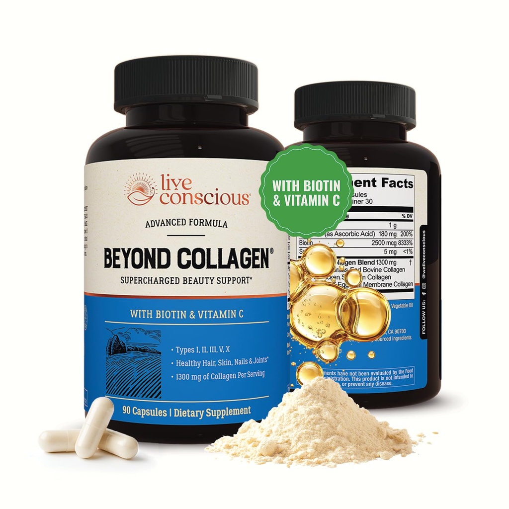 Live Conscious Beyond Collagen Multi Collagen Capsules - Typen I, II, III, V & X - Hydrolysierte Mischung mit Biotin & Vitamin C für Haar, Haut, Nails 90 Kapseln
