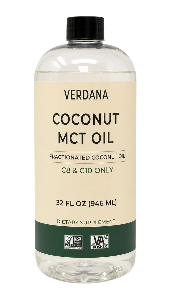 Verdana Food Grade MCT Öl 32 oz – für Keto Kaffee, Unflavored Natural Oil Pulling Mouthwash & Massage - 100% Kokosnuss abgeleitetes fraktioniertes Öl – Mittelkette Triglyceride C8 C10 – Non-GMO, Kosher
