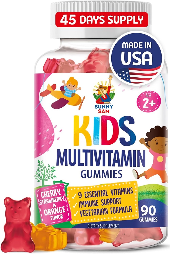 Kids Multivitamin Gummies - 90 Chewable Vitamins - Daily Supplement with 14 Essential Vitamins for Ages 2 and Above - Includes Vitamin A, C, D, E, Vegetarian B6 and B12, Zinc, Biotin