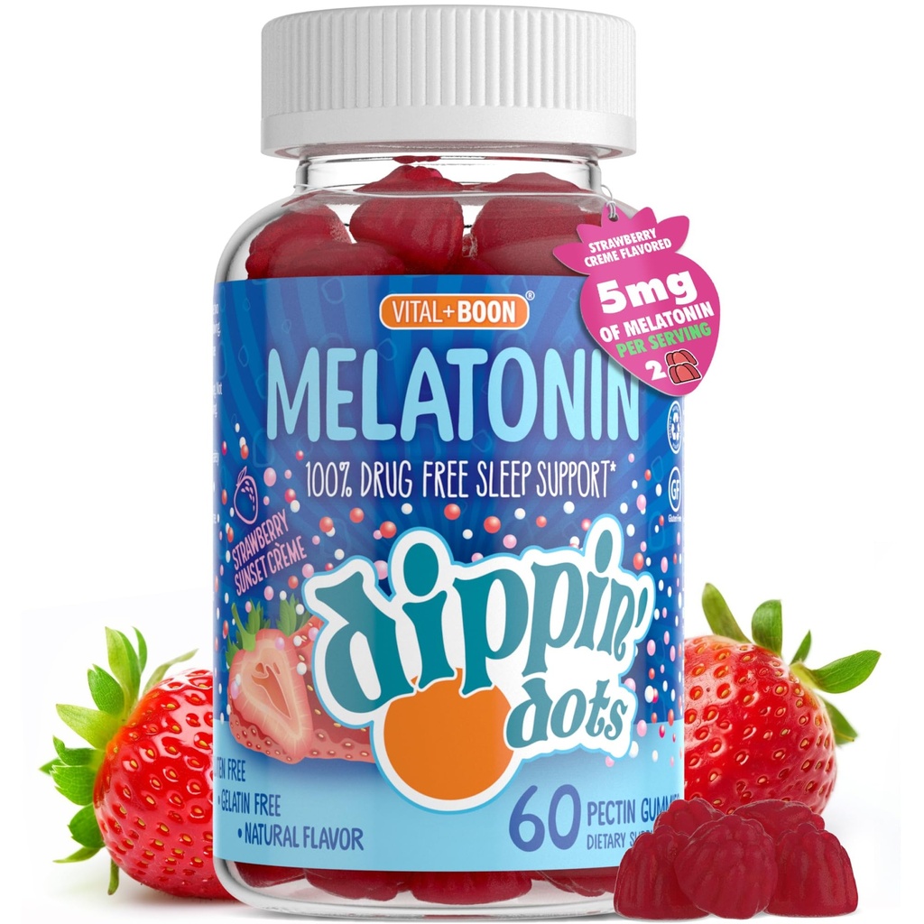 Melatonine Soutien au sommeil Gummies (60 comte) Coucher de soleil de fraise Creme Flavor Chews (2,5mg par supplément de sommeil gommy pour les enfants et les adultes) Supplément pour un sommeil plus rapide et plus long