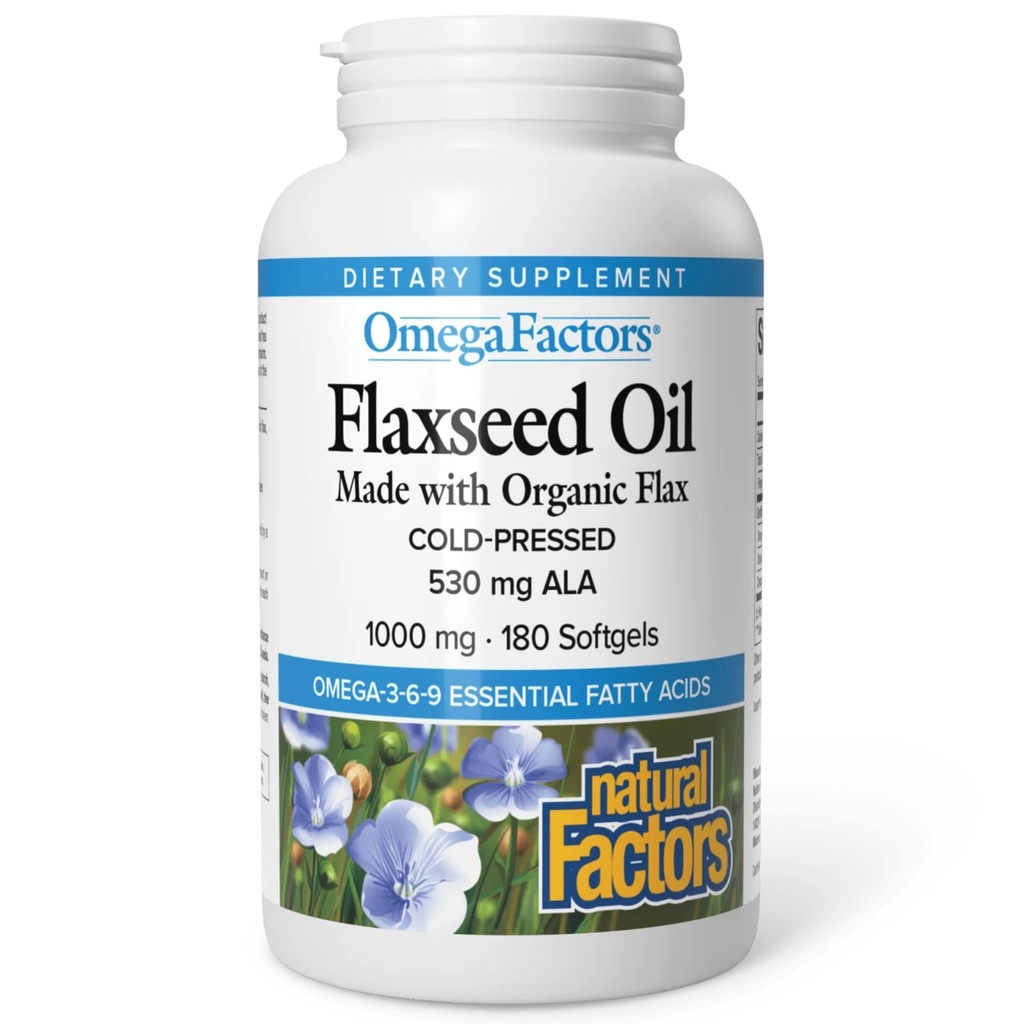Omega Factors by Natural Factors, Flaxseed Oil, Supports Overall Health with Omega-3, 6 and 9 Fatty Acids, 180 softgels (180 servings)
