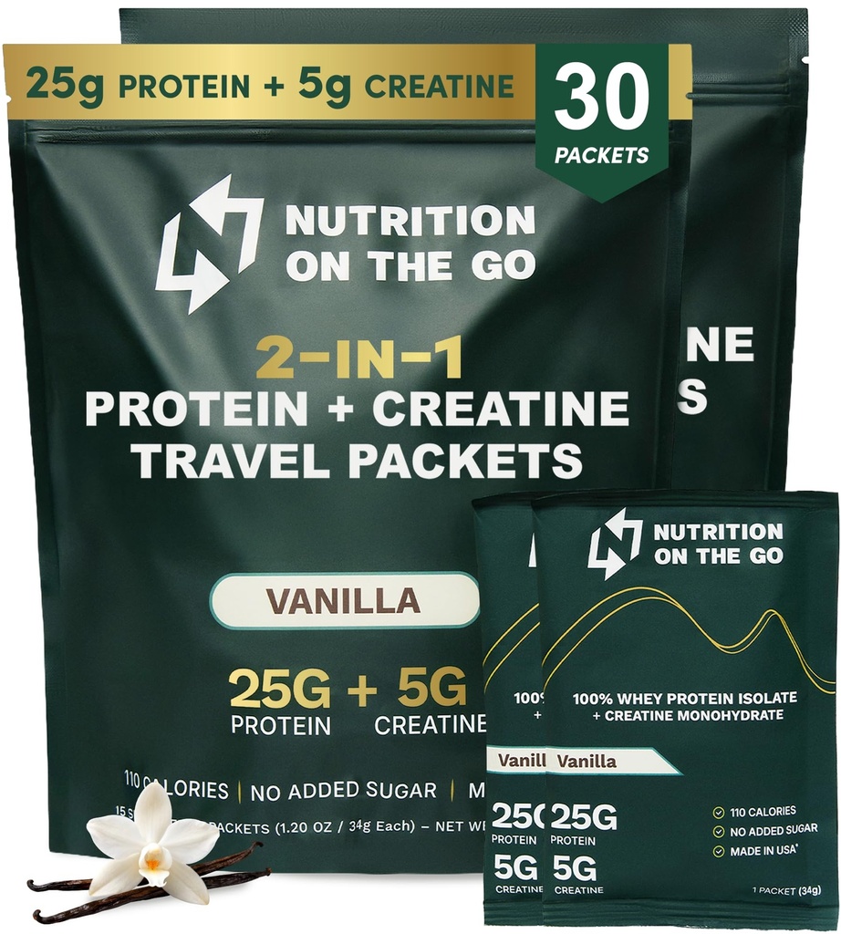 Nutrition On The Go Whey Protein Isolate Packets avec Créatine – 25g Protéines + 5g Créatine – Poudre de protéines voyage mono-serve – Vanille (30-Pack)